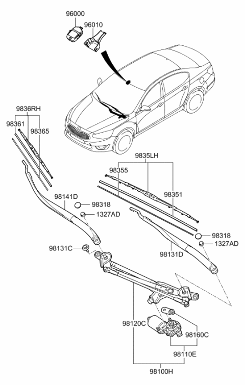 2014 Kia Cadenza Driver Windshield Wiper Arm Assembly Diagram for 983113R000