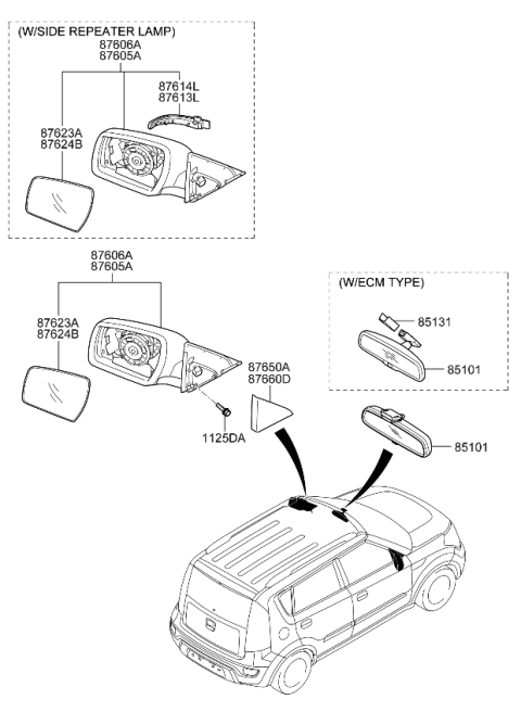 2012 Kia Soul Outside Rear View Mirror Assembly, Right Diagram for 876202K831
