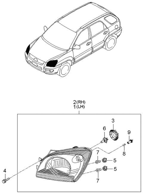 2006 Kia Sportage Driver Side Headlight Assembly Diagram for 921011F030