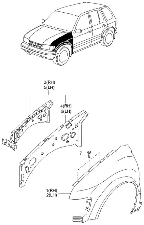 1999 Kia Sportage Fender Assembly-Front ,RH Diagram for 0K01F52211A