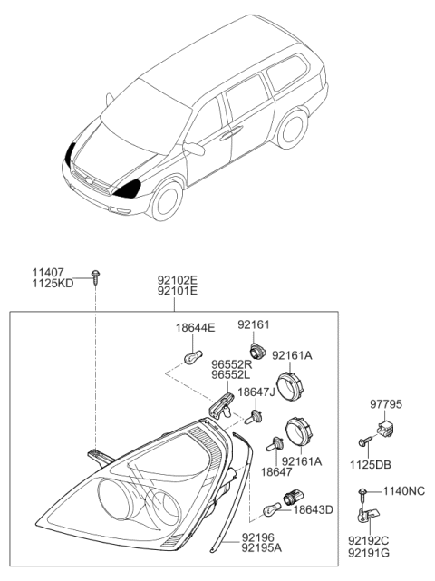 2011 Kia Sedona Driver Side Headlight Assembly Diagram for 921014D080