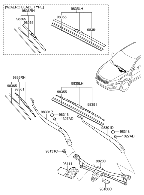 2013 Kia Optima Passeger Windshield Wiper Blade Assembly Diagram for 983602T050