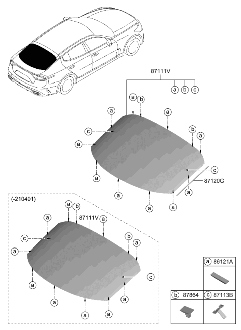 2022 Kia Stinger Rear Window Glass & Moulding Diagram