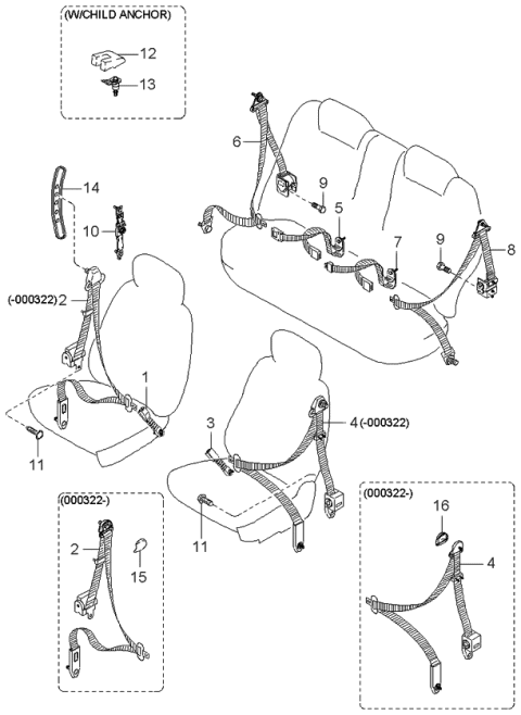 1999 Kia Sephia Rear Center Seat Belt Assembly Left Diagram for 0K2AA57780A96