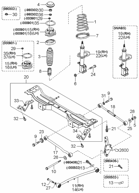 1998 Kia Sephia Rear Shock Absorber Assembly, Right Diagram for 0K2A128700D