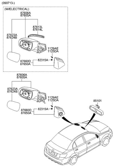 2006 Kia Rio Outside Rear View Mirror & Holder Assembly, Left Diagram for 876111G500