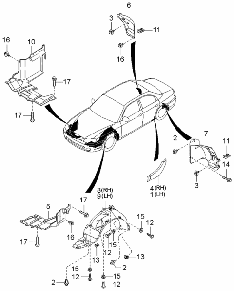 2003 Kia Spectra Guard Assembly-Front Mud Diagram for 0K2N156131