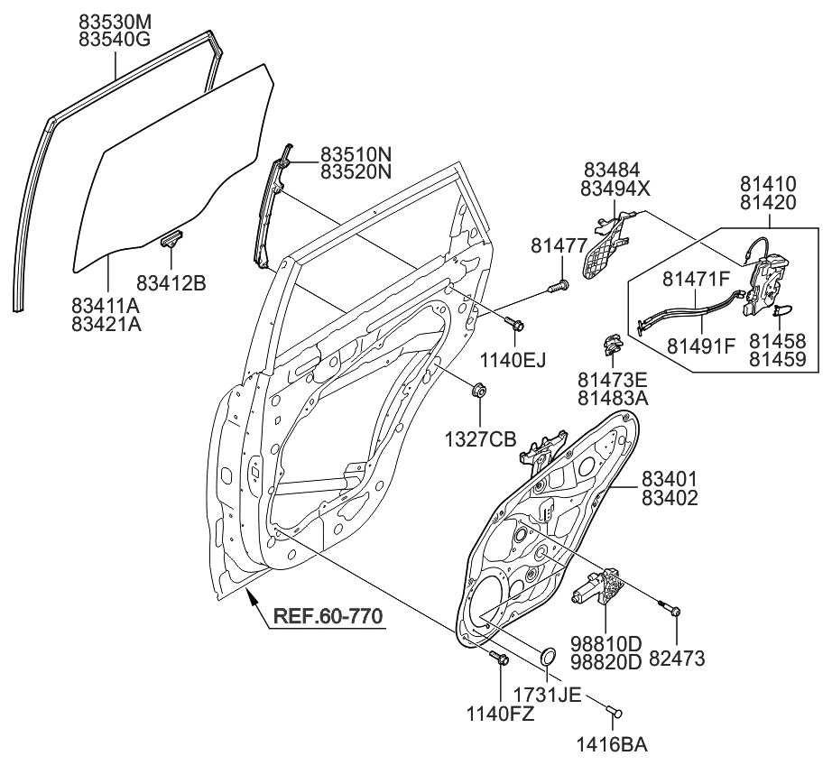 2011 Kia Sorento Rear Door Window Regulator & Glass